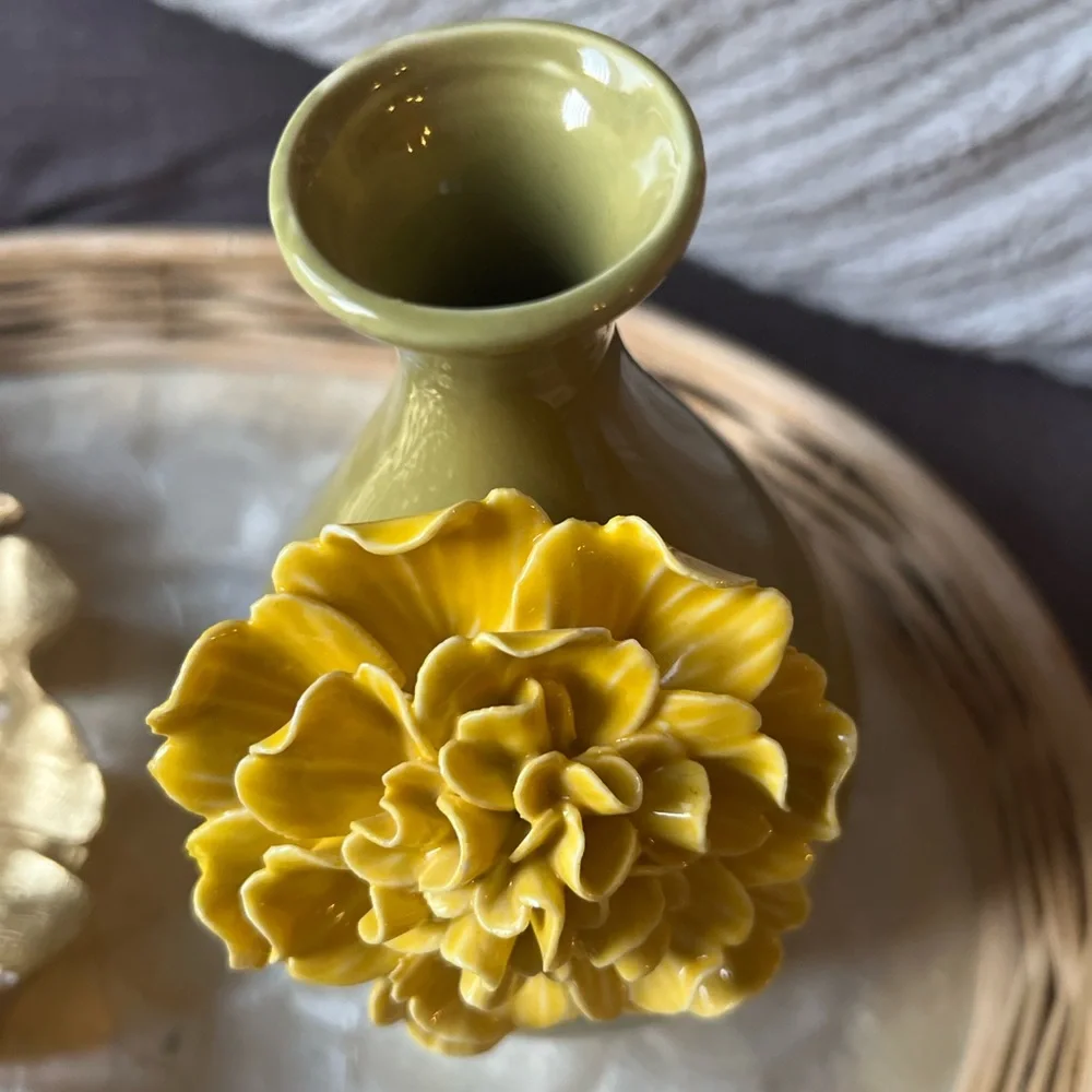NEW 3D Yellow Peony flower on Olive Green Base Ceramic Vase 8